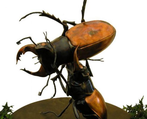 Two giant fighting Stage Beetles made of copper and steel. Made by Thrussells