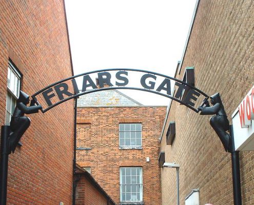 Friars Gate, town entrance feature | Maldon, Essex | Thrussells Friars Gate, town entrance feature. Made of galvanised steel painted black. Made by Thrussells. Maldon, Essex