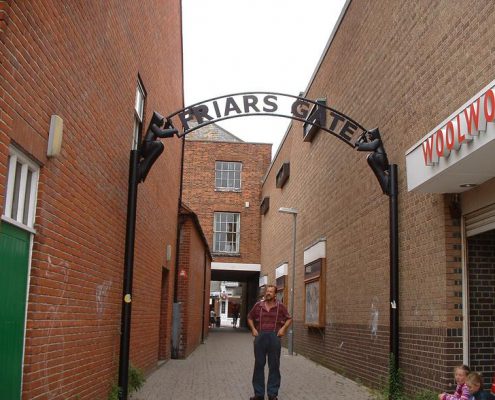 Maldon Friars Gate, town entrance feature 2000 | Maldon, Essex | Thrussells Metal archway between two building marks the entrance to Maldon town centre. Made by Thrussells. Public Art Essex