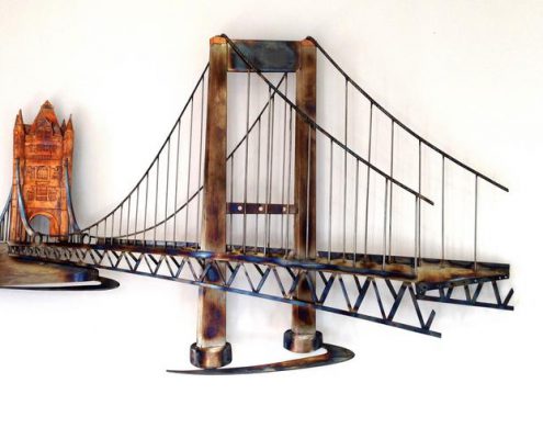 Hemsley Fraser offices wall sculpture of Saltash Tamar Bridge and London Tower Bridge | Saltash, Cornwall | Thrussells copper and steel wall sculpture of Tamar bridge and London Tower bridge. Made by Thrussells