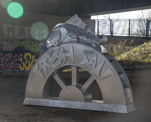 'Fresh Salt' feature sculpture on the Plym Valley Heritage Trail | Plymouth | Thrussells Metal sculpture of a steampunk styled fish sat on a water wheel. Plymouth public art