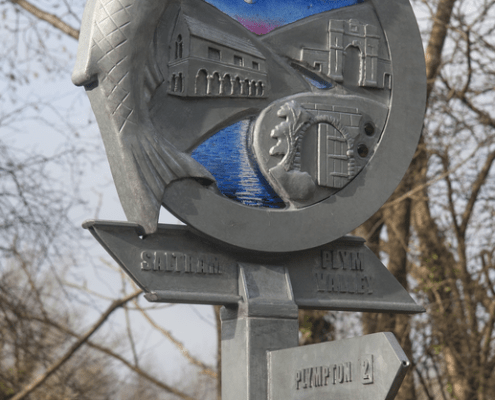 Plym Valley Heritage Trail Waymarker | Plymouth | Thrussells Waymarker sign made of metal and night sky glass. Fish and railway themed. Plymouth public art