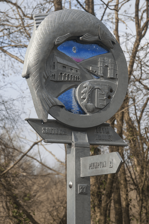Plym Valley Heritage Trail Waymarker | Plymouth | Thrussells Waymarker sign made of metal and night sky glass. Fish and railway themed. Plymouth public art
