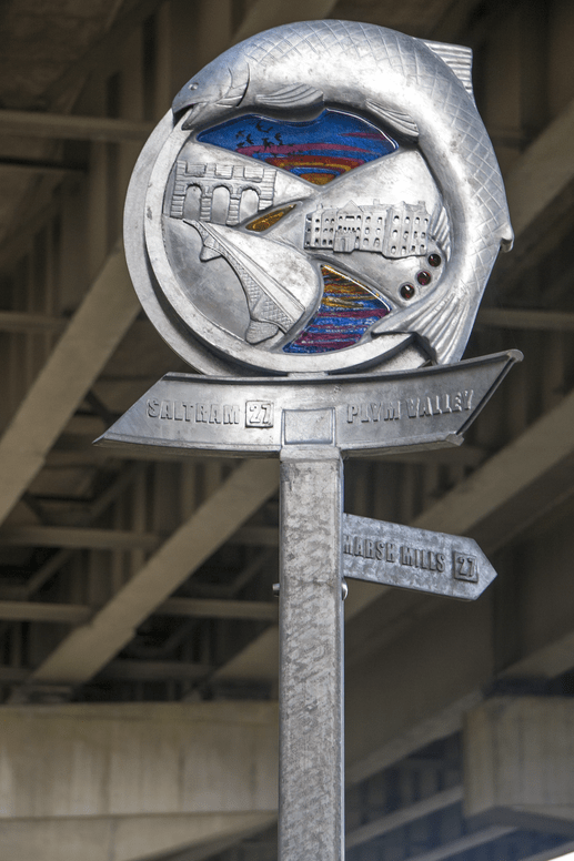 Waymarker Plym Valley Heritage Trail rainbow glass. Marsh Mills A38 flyover | Plymouth | Thrussells Waymarker sign made of metal and rainbow glass. Fish and railway themed. Plymouth public art