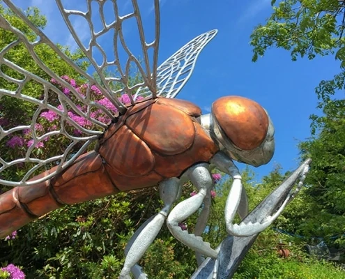 head, torso legs of a dragonfly sculpture made of copper and steel.