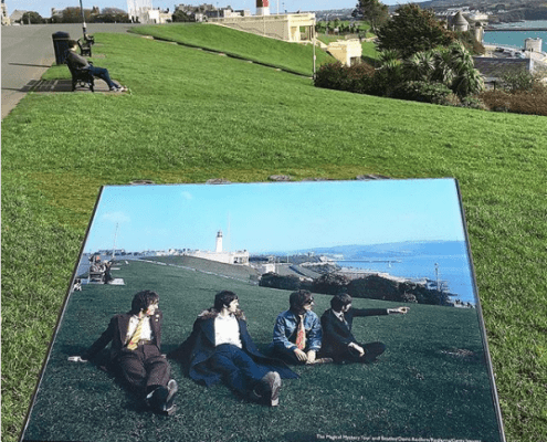 Information sign tells of where the Beatle sat on Plymouth Hoe. Plymouth public art