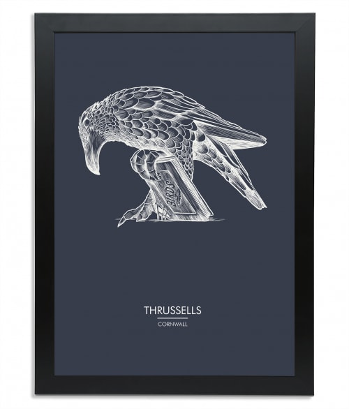 Black wooden A3 frame print with Thrussells cream bird on navy blue