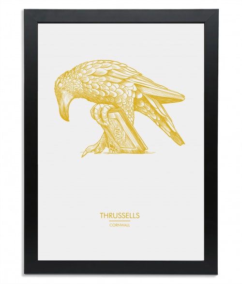 Black wooden A3 frame print with Thrussells yellow bird