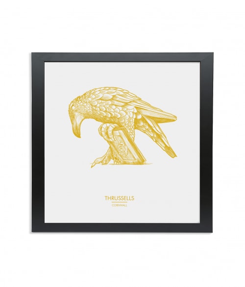 Black wooden square frame print with Thrussells yellow bird