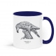 Two tone white and navy blue mug with Thrussells grey bird right view