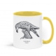 Two tone white and yellow mug with Thrussells grey bird right view