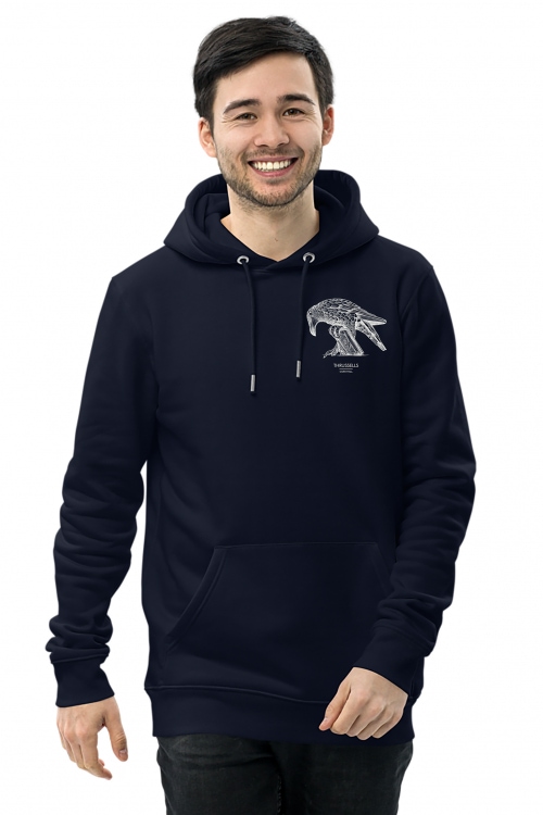 Unisex navy blue hoodie with Thrussells cream bird emblem front print on man