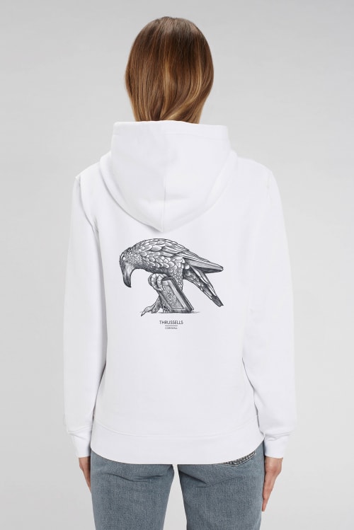Unisex white hoodie with Thrussells grey bird back print on woman