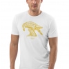 Unisex white t-shirt with Thrussells yellow bird on man