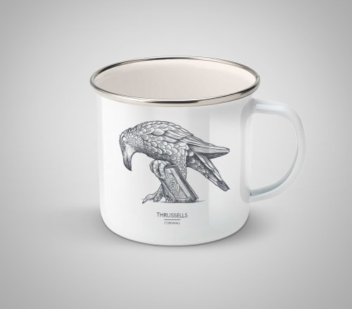 White enamel mug with Thrussells grey bird