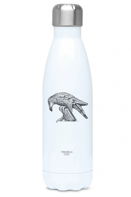 White stainless steel water bottle with Thrussells grey bird