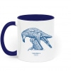Two tone white and navy blue mug with Thrussells blue bird left view