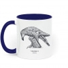 Two tone white and navy blue mug with Thrussells grey bird left view