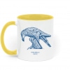 Two tone white and yellow mug with Thrussells blue bird left view