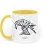 Two tone white and yellow mug with Thrussells grey bird left view