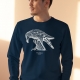 Unisex navy blue sweatshirt with Thrussells cream bird on man
