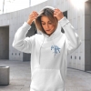 Unisex white hoodie with Thrussells blue bird emblem front print on woman