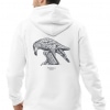 Unisex white hoodie with Thrussells grey bird back print on man