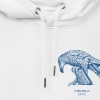 Unisex white hoodie with Thrussells blue bird emblem front print up close detail