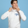 Unisex white hoodie with Thrussells blue bird emblem front print on man