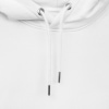 Unisex white hoodie with Thrussells blue bird front view up close draw strings