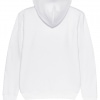 Unisex white hoodie with Thrussells grey bird emblem back view