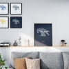 Black wooden A3 frame print with Thrussells cream bird on navy blue in living room